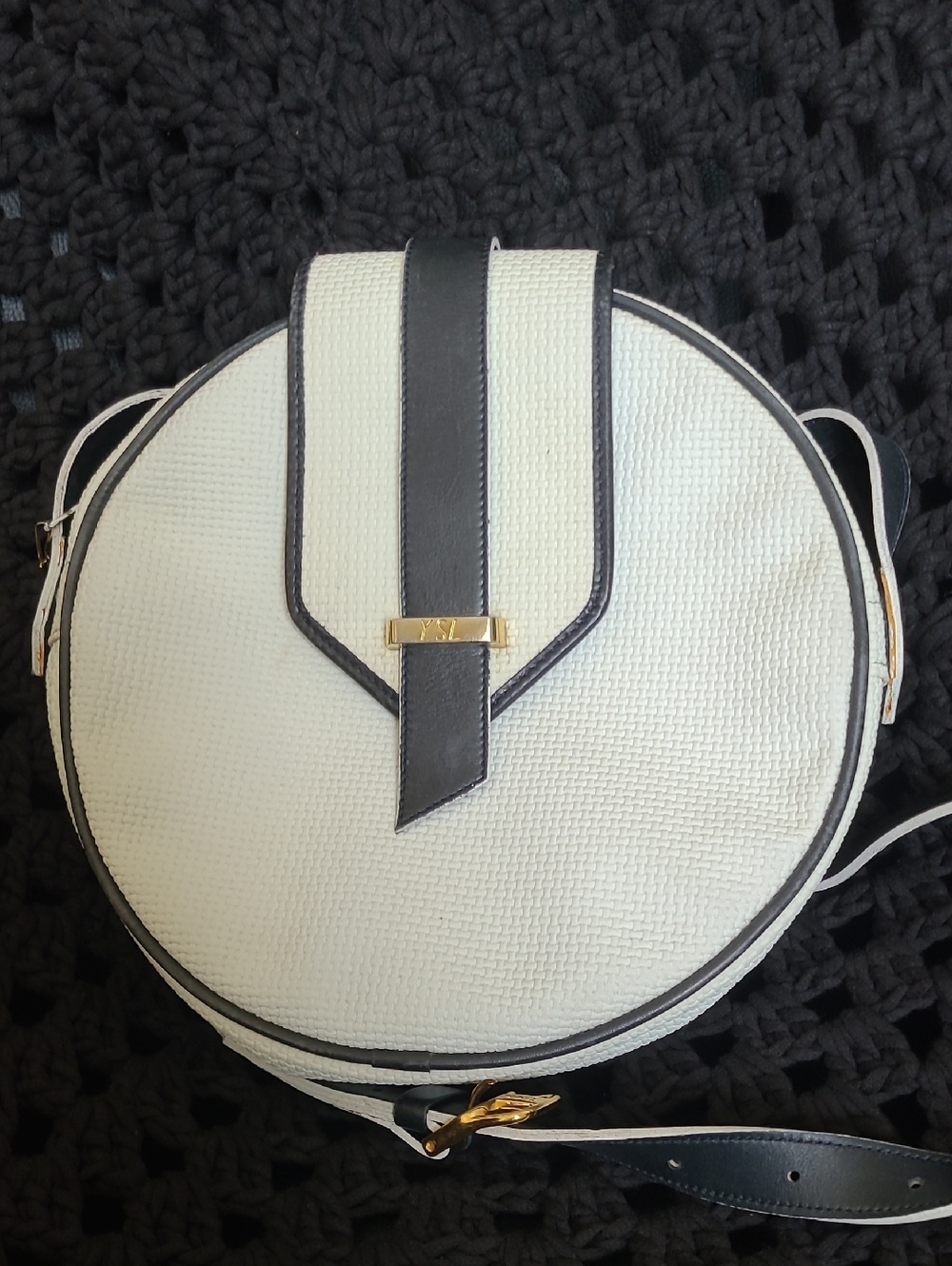 Yves Saint Laurent Vintaged Off White Woven  Bag with Black Trim and Gold Plaque